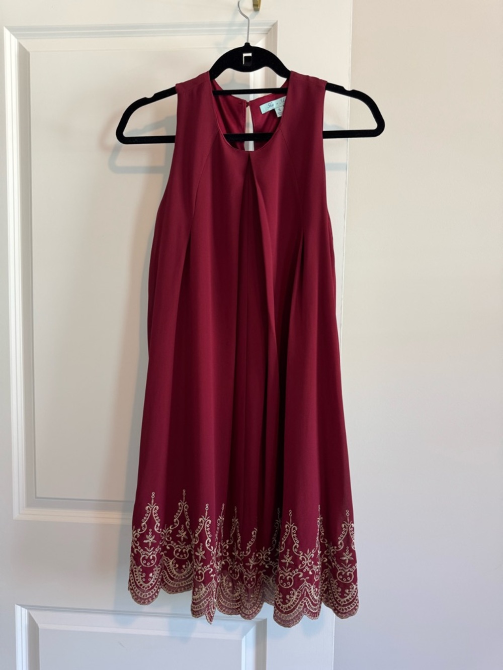 She + Sky Wine Red Dress with Embroidered Scalloped Hem